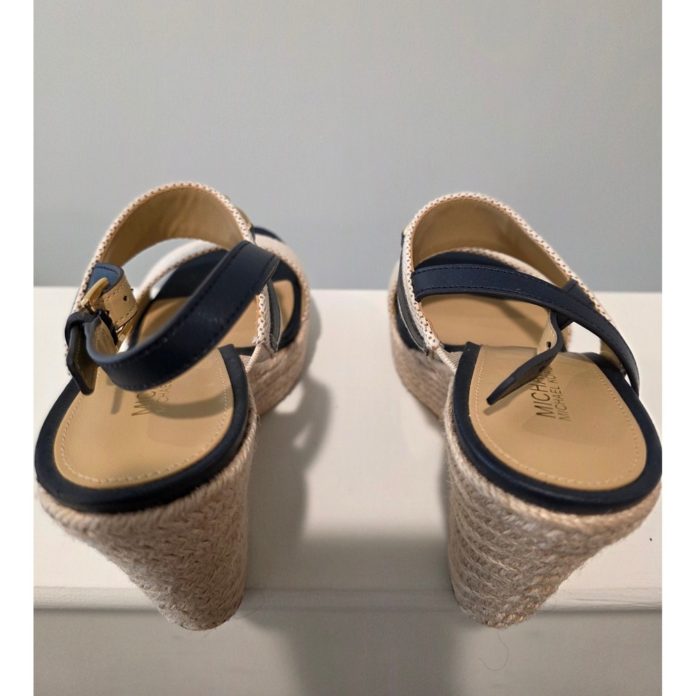 Women 6 M Michael Kors Reed Wedge Sandals Navy Natural Espadrille Platform Logo - Picture 7 of 11